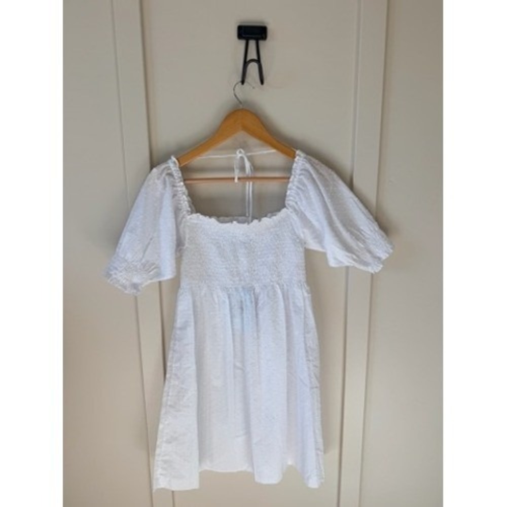 Hill House Home The Nap Dress White Swiss Dot Smocked Puff Sleeve Mini Cotton XS - Picture 2 of 6